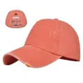 Detail of coral ponytail baseball cap with distressed finish and elastic back openings - Adjustable / Orange Red