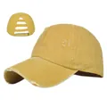 Detailed view of ginger ponytail hole baseball cap with distressed washed cotton texture - Adjustable / Yellow