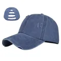 Distressed blue washed cotton ponytail baseball cap with elastic criss-cross back straps - Adjustable / Navy Blue