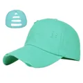 Detail of mint green distressed ponytail baseball cap showing the rear cutout design - Adjustable / Lake Green