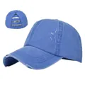 Detail of royal blue washed ponytail baseball cap showing elastic criss-cross back design - Adjustable / Blue