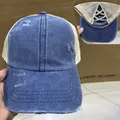 Used-Look Denim Pferdeschwanz-Baseballkappe mit Mesh-Einsatz und elastischen Bändern - Verstellbar / Navy Mit Khaki Netz