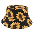 Close-up of sun flower pattern on black cotton bucket hat showing fabric details - Adjustable / Black