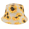 Detail of sunflower print on beige cotton bucket hat with premium stitching - Adjustable / Beige