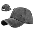 Detail of distressed ponytail baseball cap in charcoal grey with cross elastic back - M (56-58cm) / Black