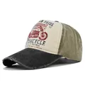 Berretto vintage invecchiato con stampa moto, colori grigio, crema e verde oliva - Regolabile / Nero Stampa Moto