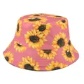 Detailed close-up of pink cotton bucket hat featuring bright yellow sunflower patterns - Adjustable / Pink