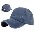 Vintage washed blue denim ponytail baseball cap with distressed hole details and crisscross back - M (56-58cm) / Navy Blue