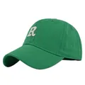 Detail of green cotton baseball cap with white towel-embroidered letter R and stitched eyelets - Adjustable / Grass Green