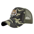 Tiger head embroidery camo trucker hat with green mesh back and curved brim detail - Adjustable / Camouflage