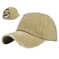 Casquette de baseball vintage kaki pour queue de cheval avec détails usés et dos croisé - Réglable 54-59 / Kaki