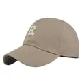 Close-up of white embroidered R letter on khaki cotton twill baseball cap fabric - Adjustable / Khaki