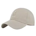 Detailed side view of khaki cotton baseball cap with premium letter R embroidery - Adjustable / Off White