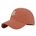Close-up of R letter embroidery on cotton baseball cap with reinforced stitched brim - Adjustable / Brick Red