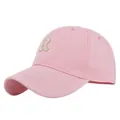 Close-up of pink cotton baseball cap with embroidered letter R patch and curved brim - Adjustable / Pink