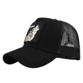Detail of black mesh trucker hat with Lone Wolf animal embroidery patch and curved brim - Adjustable 54-59 / Black