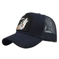 Detail of embroidered lone wolf patch on dark blue mesh trucker hat with lonewolf text - Adjustable 54-59 / Navy Blue