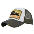 Detail of vintage trucker hat with embroidered Indian patch and breathable mesh back - Army Green