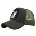 Close-up of wolf patch embroidery and breathable mesh on dark green trucker hat - Adjustable 54-59 / Army Green