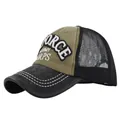 Detail of embroidered U.S. ARMY lettering on military green trucker cap with mesh - Adjustable / Black
