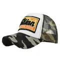 Detail of distressed camouflage trucker hat with vintage embroidery and breathable mesh - Camouflage