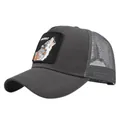Macro view of Lonewolf wolf patch embroidery and breathable mesh on dark grey trucker hat - Adjustable 54-59 / Dark Gray