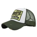 Detailed side view of vintage mesh trucker hat with Western embroidery and worn brim edge - Adjustable From 54-60cm / Army Green