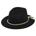 Detail of black wool fedora with pearl gold chain and off-white tassel accents - M / Black