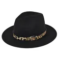 Dettaglio cappello fedora in lana nera con fascia leopardata alla moda e fibbia metallica - M (56-58cm) / Nero
