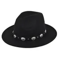 Close-up of black wool fedora hat featuring vintage silver metal concho studs and leather band - M (56-58cm) / Black