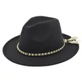 Close-up of black wool fedora featuring gold chain, white pearls, and elegant side tassels - M / Dark Gray