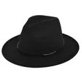 Detail of black fedora with leather band, metal studs and white stitching on wool felt - M / Black