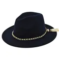 Detail of black fedora hat featuring gold chain with pearls and elegant double tassels - M / Navy Blue