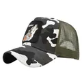 Detail of lone wolf embroidery patch on camouflage mesh trucker hat with breathable net - Adjustable 54-59 / Camouflage 3