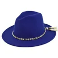Detail of royal blue felt fedora with elegant pearl chain and double white tassels - M / Blue