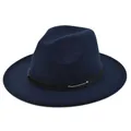 Detail of navy blue felt fedora with a black studded leather band and classic teardrop crown - M / Navy Blue