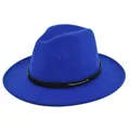 Detail of royal blue wool fedora hat featuring a black leather band and silver buckle - M / Blue