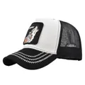 Black and white trucker hat featuring a lone wolf embroidery patch and mesh back - Adjustable 54-59 / Black and White Patchwork