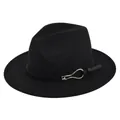 Detailed close-up of a black wool fedora featuring a vintage leather band and gold buckle - M (56-58cm) / Black