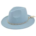 Detail of light blue wool jazz hat featuring gold pearl chain and white tassel charm - M / Sky Blue