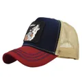 Detail of lone wolf embroidered patch on navy blue and red mesh trucker cap - Adjustable 54-59 / Red Patchwork