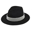 Detailed view of black wool fedora featuring layered white pearl beaded decorative band - M (56-58cm) / Black