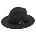 Close-up of black wool felt fedora featuring a decorative band and gold metal buckle - M (56-58cm) / Dark Gray