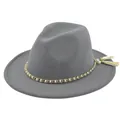 Detail of grey felt fedora featuring gold chain trim, white pearls, and tassel accents - M / Light Gray