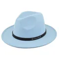 Close-up of light blue felt fedora hat featuring black leather band and metal rivets - M (56-58cm) / Sky Blue