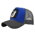 Close-up of the Lone Wolf patch and contrast stitching on the mesh trucker cap brim - Adjustable 54-59 / Grey/Blue