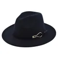 Detail of dark blue wool fedora with a black decorative band and gold metal buckle - M (56-58cm) / Navy Blue