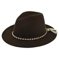 Detail of dark brown wool fedora with gold chain, white pearls and side tassel accents - M / Coffee
