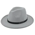Detailed view of grey wool felt fedora with black faux leather band and metal rivets - M (56-58cm) / Light Gray