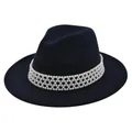 Detail of dark wool fedora hat featuring a white pearl beaded band decoration - M (56-58cm) / Navy Blue